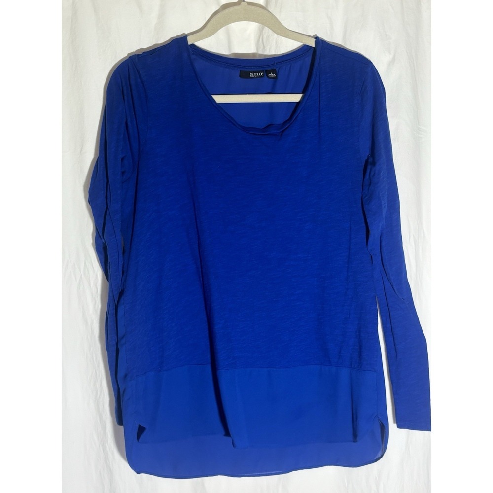ANA Blouse Size Large Royal Blue Sheer V-neck Lightweight Poly‎ fabric D26